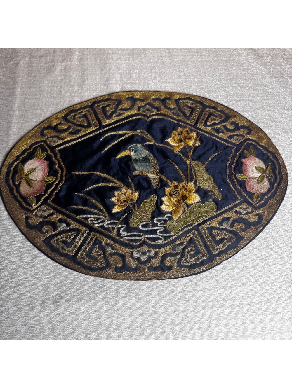 Vintage Embroidered Bird & Lotus Textile Art Navy Blue Silk-Like Oval Wall Decor - Picture 3 of 8